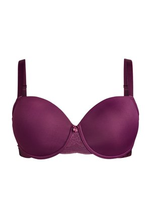 Fioletowy biustonosz z drutem, z gładkimi, wyściełanymi miseczkami i koronkowym detalem na środku. Posiada regulowane ramiączka i pasujące wykończenie.