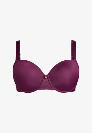 Lila modrčka z žico z gladkimi, podloženimi skodelicami in čipkastim detajlom na sredini. Ima nastavljive naramnice in usklajen rob.