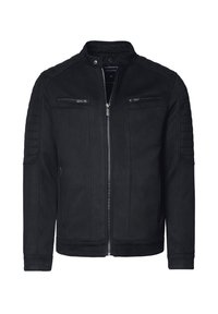 Czarna kurtka zapinana na zamek, z poduszkami na ramionach, dwoma kieszeniami na zamek oraz stójką o gładkiej fakturze.