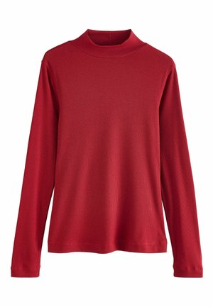 Red long-sleeve ribbed turtleneck top with a fitted neck and cuffs, featuring a smooth texture and a relaxed fit.