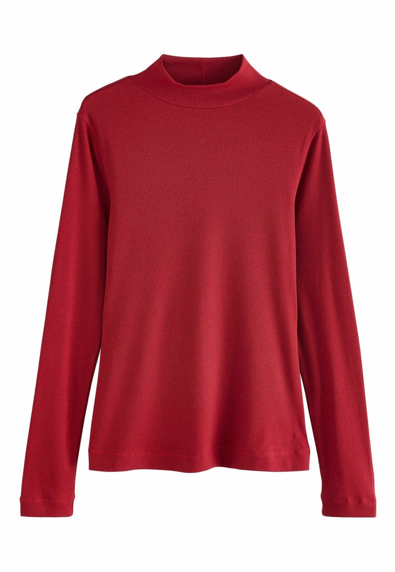 Red long-sleeve ribbed turtleneck top with a fitted neck and cuffs, featuring a smooth texture and a relaxed fit.