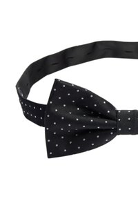 Svart fluga i texturerad tyg med vita prickar, med en klassisk form och ett justerbart satinband.