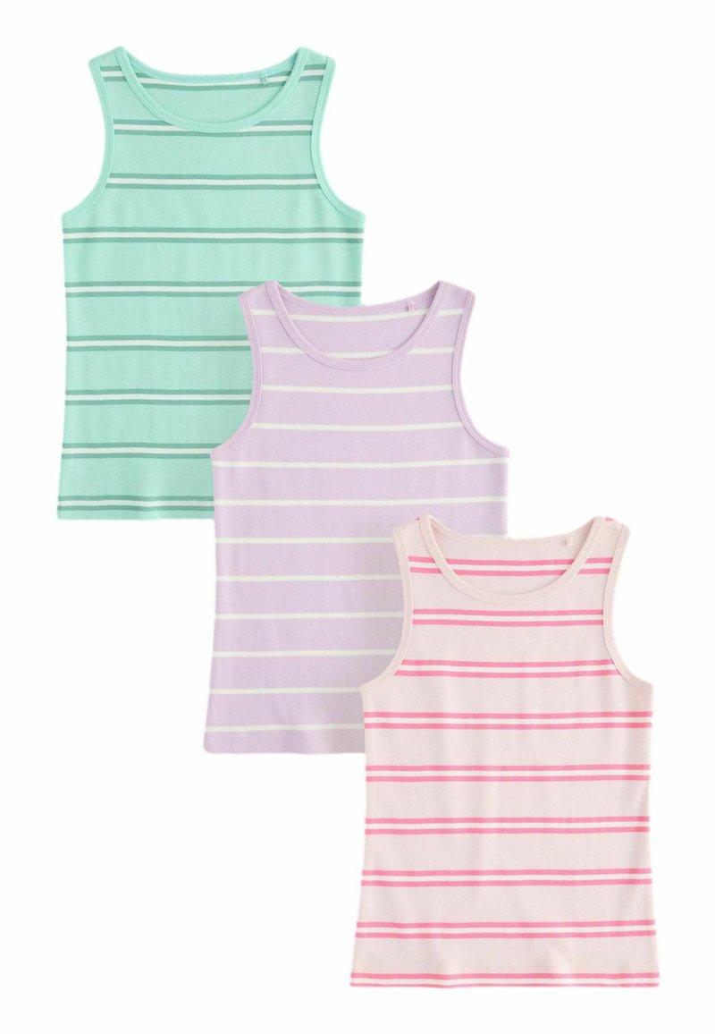 Set van drie tanktops: mintgroen, lavendel en crème met horizontale strepen. Elke top heeft een ronde halslijn en is gemaakt van zachte stof.