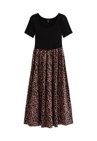 Black bodice with short sleeves, transitioning to a pink and black leopard print skirt. A-line shape, soft fabric, and knee-length design.