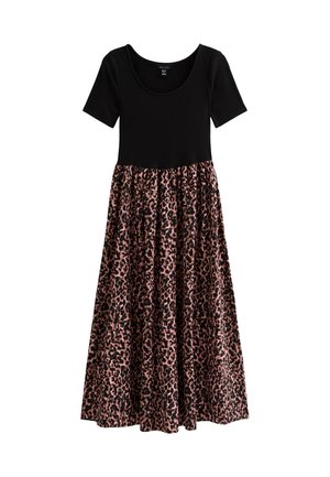 Black bodice with short sleeves, transitioning to a pink and black leopard print skirt. A-line shape, soft fabric, and knee-length design.