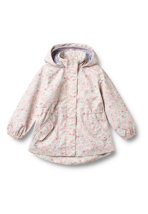 Kinderegenmantel mit Kapuze, pastellfarbenem Blumenmuster, Fronttaschen und elastischen Bündchen, auf weißem Hintergrund dargestellt.