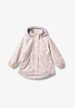 Pelerină de ploaie pentru copii cu glugă, model floral pastelat, buzunare frontale și manșete elastice, afișată pe un fundal alb.