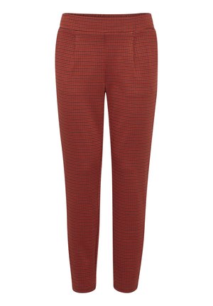 Red checkered trousers with a fitted silhouette, featuring side pockets and a smooth texture. Elastic waistband for comfort.