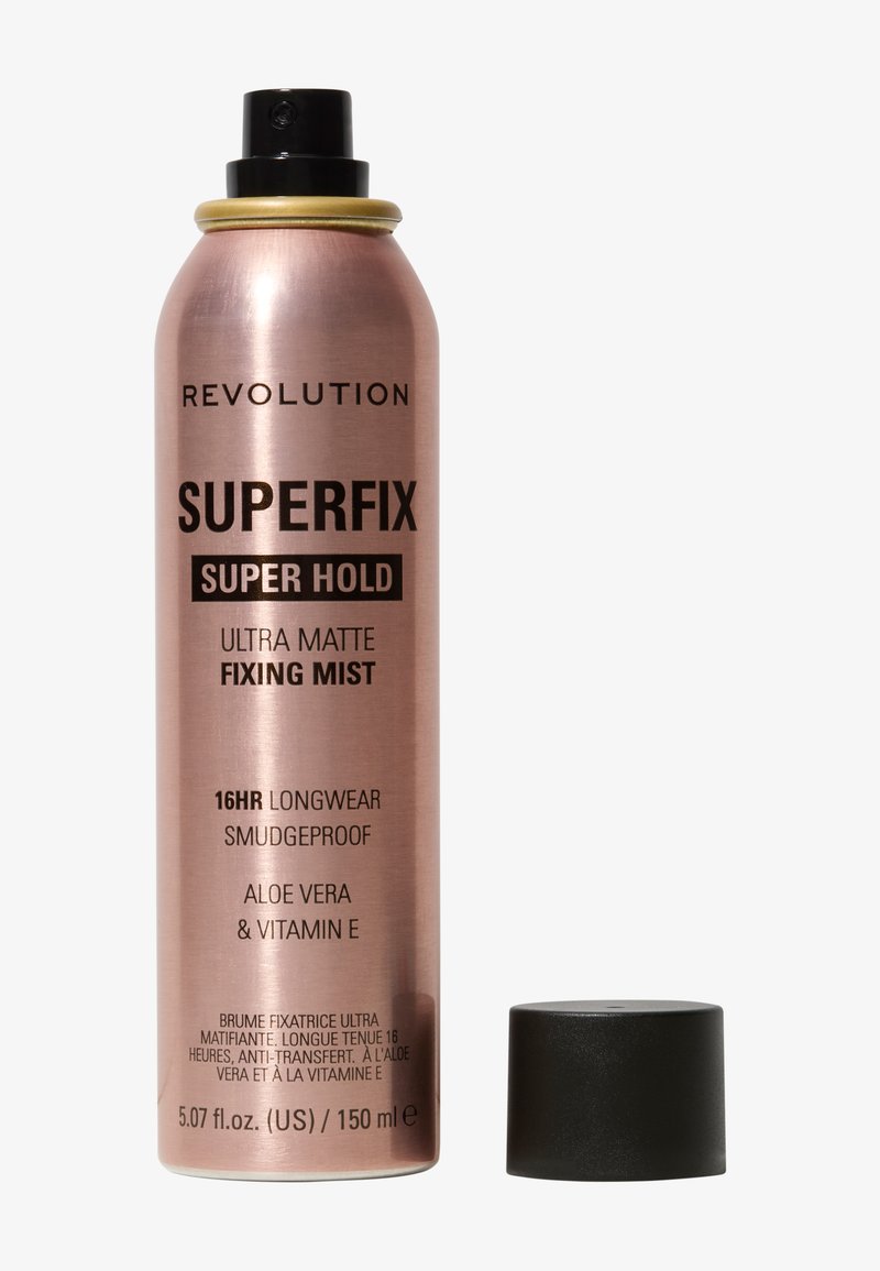 Metallspraydose mit einer roségoldenen Oberfläche, schwarzer Schrift und schwarzem Deckel. Das Etikett weist auf einen ultra-matten Fixierspray hin, 150 ml.