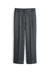 Grau gefaltete Hosen aus gewebtem Stoff mit subtiler Textur. Mit Knopfverschluss und umgeschlagenen Säumen.