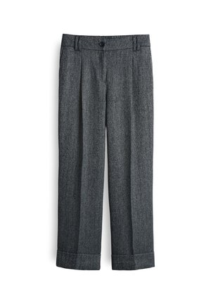 Grijze geplooide broek van geweven stof met een subtiele textuur. Voorzien van een knoopsluiting en opgerolde manchetten.