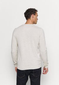 Hellcremefarbener Strickpullover, lange Ärmel, runder Halsausschnitt, gerippte Bündchen und Saum, glatte Textur, simples Design. Tragen mit dunklen Jeans.