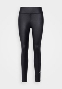 Černé legíny vyrobené z hladkého, pružného materiálu s vysokým pasem. Výrazné bílé logo Nike na dolní části levé nohy.