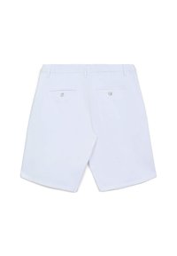 White shorts made from fabric with a smooth texture. Features a zipper fly, belt loops, and two back pockets with button closures.
