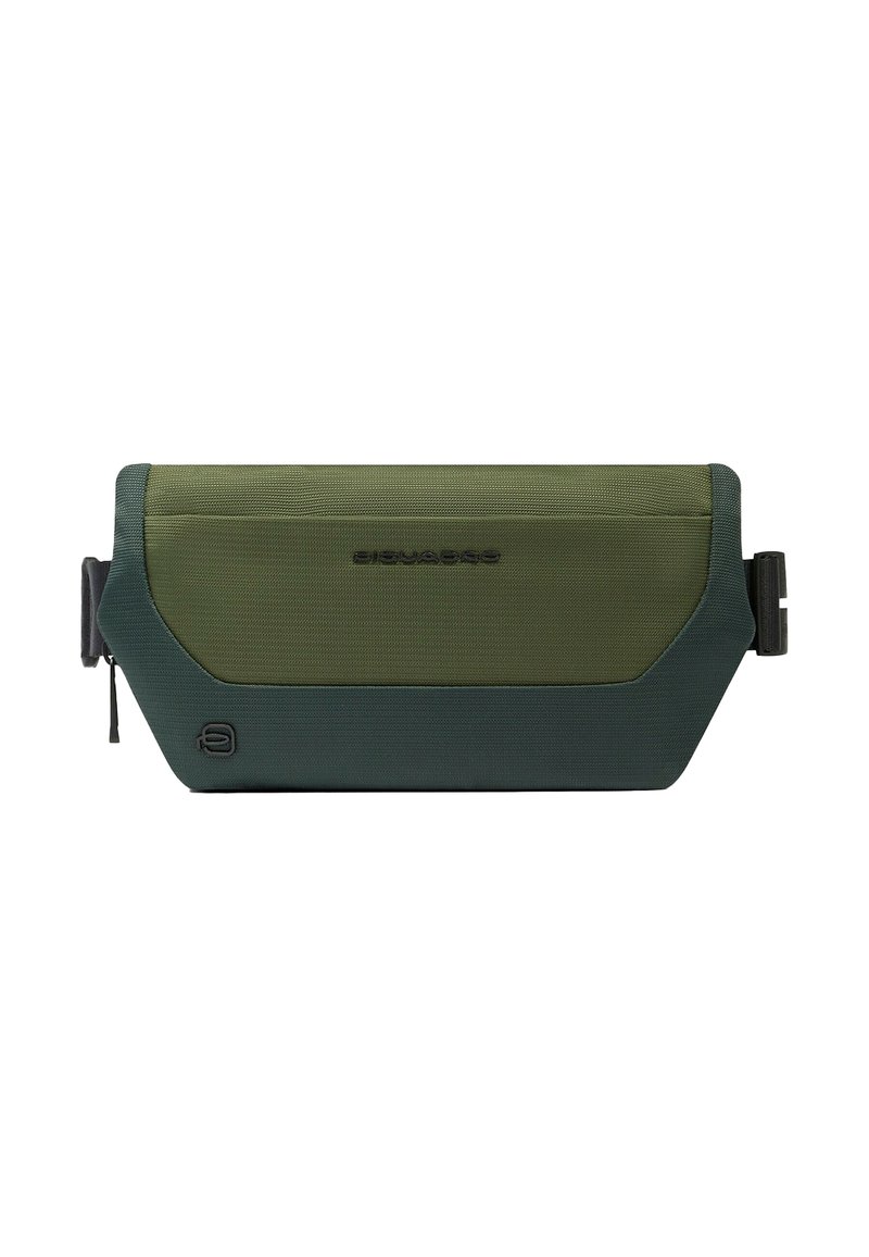 Grüne Tasche aus strukturiertem Stoff mit flacher rechteckiger Form und Reißverschluss. Verfügt über ein schwarzes Logo und seitlichen Riemen zur Anpassung.