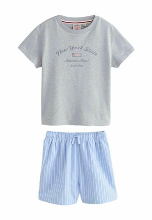 Light gray short-sleeve T-shirt with "New York State Athletics Dept" text and flag, paired with light blue and white striped shorts with drawstring waist.