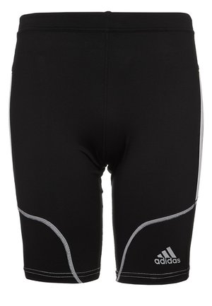 Schwarze Adidas Sportshorts mit weißen, geschwungenen Nahtakzenten und Logo am unteren rechten Bein.