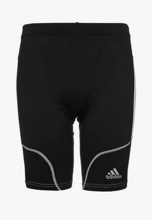 Schwarze Adidas Sportshorts mit weißen, geschwungenen Nahtakzenten und Logo am unteren rechten Bein.