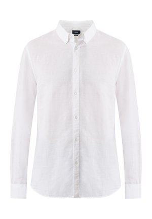 Weißes langärmliges Hemd mit Knopfleiste aus leichtem Stoff. Verfügt über einen Button-Down-Kragen und einen abgerundeten Saum mit kleinen Knöpfen auf der Vorderseite.