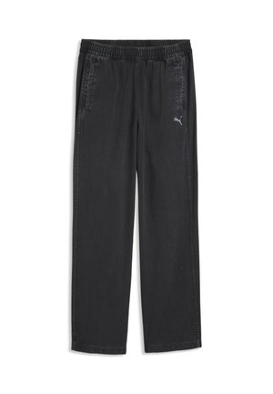 Pantalon décontracté noir avec ceinture élastique, poches latérales et petit logo Puma sur la partie supérieure de la jambe gauche, présenté sur fond blanc.