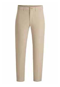 Pantaloni beige con vestibilità slim, realizzati in tessuto liscio. Presentano una chiusura con bottone e passanti per cintura, con gambe affusolate e senza motivi visibili.