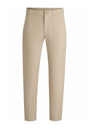 Beige trousers with a slim fit, made from smooth fabric. Features a button closure and belt loops, with tapered legs and no visible patterns.