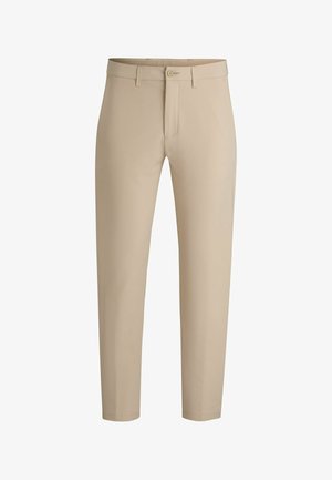 Beige trousers with a slim fit, made from smooth fabric. Features a button closure and belt loops, with tapered legs and no visible patterns.