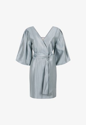 Short, light blue dress with a V-neck, wide sleeves, and a belted waist. Smooth, shiny fabric with a flowing silhouette.