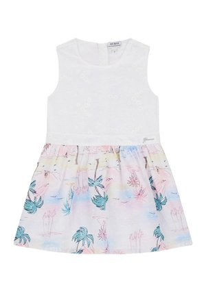 Vestito bianco senza maniche per bambini piccoli con corpetto ricamato e gonna dai colori pastello decorata con stampe di palme e spiagge.