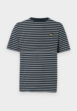 Marineblå kortermet t-skjorte med hvite horisontale striper og en liten gul fuglelogo på venstre bryst.