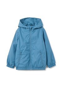 Helle blaue Kapuzenjacke mit einem Frontreißverschluss, elastischen Bündchen und zwei Seitentaschen. Aus glattem, wasserabweisendem Material gefertigt.