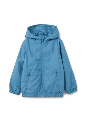 Veste à capuche bleu clair avec une fermeture éclair à l'avant, des poignets élastiques et deux poches latérales. Fabriquée en matériau lisse et résistant à l'eau.