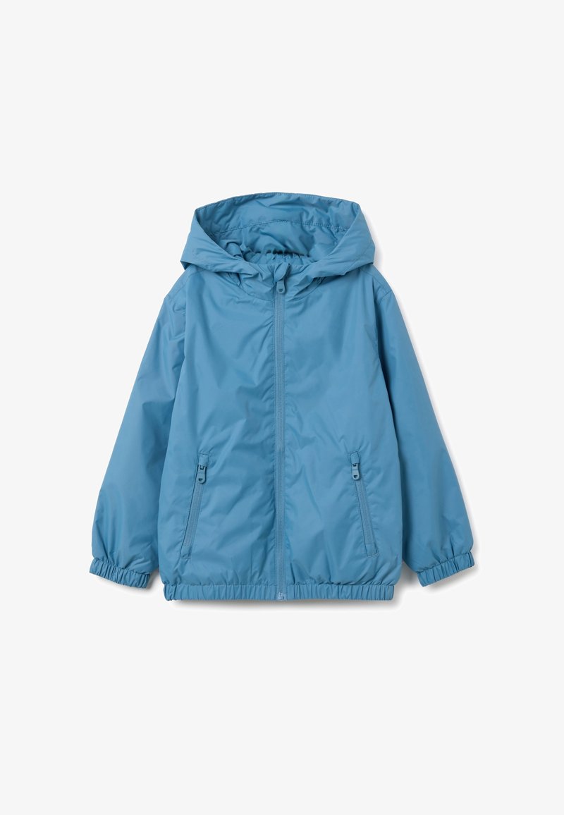 Helle blaue Kapuzenjacke mit einem Frontreißverschluss, elastischen Bündchen und zwei Seitentaschen. Aus glattem, wasserabweisendem Material gefertigt.