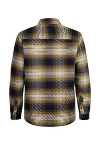 Geruite shirt in marineblauw, geel en roomkleur, met een button-down kraag, lange mouwen en een gestructureerde stof.