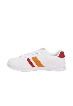 White athletic shoe with red and orange striped accents, flat sole, lace-up design, and a smooth synthetic upper.