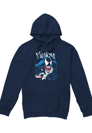 Marineblauer Hoodie mit großer Fronttasche, der eine Grafik von Marvels Venom mit scharfen Zähnen und Krallen und dem Schriftzug „Venom“ oben zeigt.