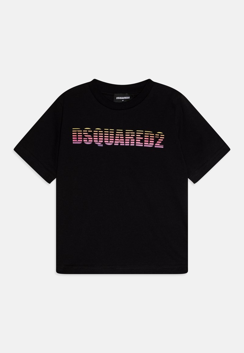 T-shirt nera a maniche corte con logo "DSQUARED2" in gradiente rosa e giallo. Realizzata in morbido cotone con design classico a girocollo.