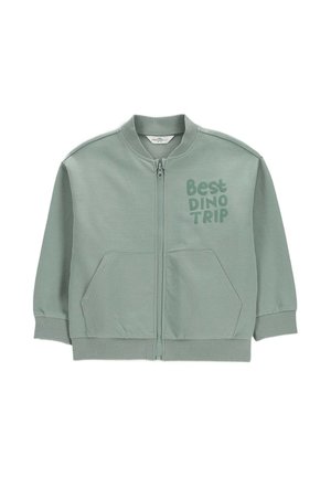 Jasnozielona dziecięca kurtka na zamek błyskawiczny z ściągaczami przy rękawach, dwoma przednimi kieszeniami i napisem "Best Dino Trip" na piersi.