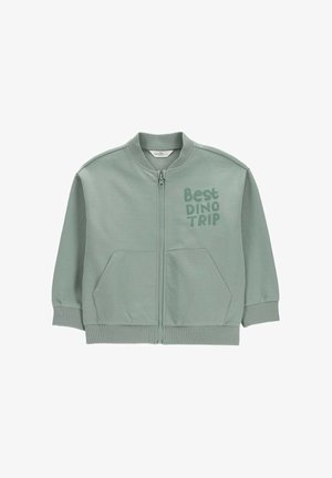 Jasnozielona dziecięca kurtka na zamek błyskawiczny z ściągaczami przy rękawach, dwoma przednimi kieszeniami i napisem "Best Dino Trip" na piersi.