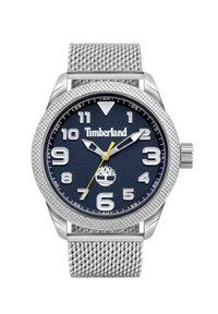 Uređen srebrni mrežasti remen s tamnoplavim teksturiranim brojčanikom, bijelim brojevima i žutom sekundom. Logo Timberland prikazan na brojčanku.