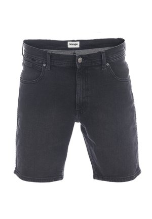Czarne szorty dżinsowe z przednimi kieszeniami, szlufkami na pasek i srebrnym guzikiem, z widoczną metką marki Wrangler na pasie.