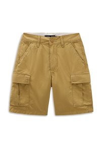 Khaki cargo šortky vyrobené z lehkého materiálu, s dvěma předními kapsami a dvěma bočními cargo kapsami s klopami, zapínání na knoflík v pase.