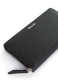 Black leather wallet with a pebbled texture, silver zipper, and logo detail. Rectangular shape with rounded corners, featuring a smooth finish.