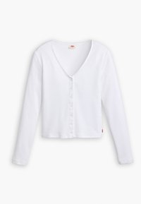 Bílý krátký top s dlouhým rukávem z žebrované látky, s výstřihem do V a sedmi knoflíky vpředu. Bez viditelných vzorů nebo ozdob.