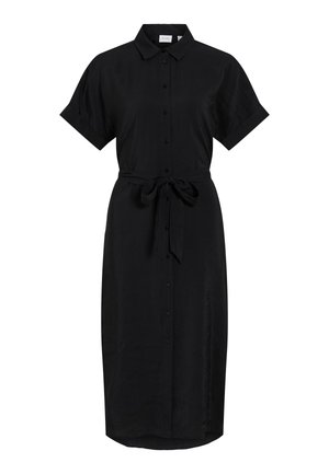 Μαύρο midi φόρεμα πουκάμισο με κοντά μανίκια, κουμπωτό μπροστά, γιακά και ζώνη στη μέση.