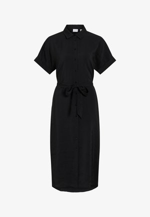 Μαύρο midi φόρεμα πουκάμισο με κοντά μανίκια, κουμπωτό μπροστά, γιακά και ζώνη στη μέση.