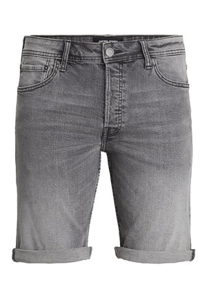 Grå denimshorts med en falmet finish, opbrettede manchetter, for- og baglommer samt en knaplukning. Brandetiket synlig ved taljen.