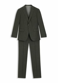 Dunkelgrüner Anzug mit strukturiertem Stoff, maßgeschneidertem Design, einreihiger Blazer mit zwei Knöpfen und Hose mit flachem Bund.