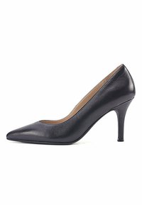 Pumps neri in pelle con tacco alto e punta affusolata. Texture liscia con design a scollo basso e soletta imbottita.