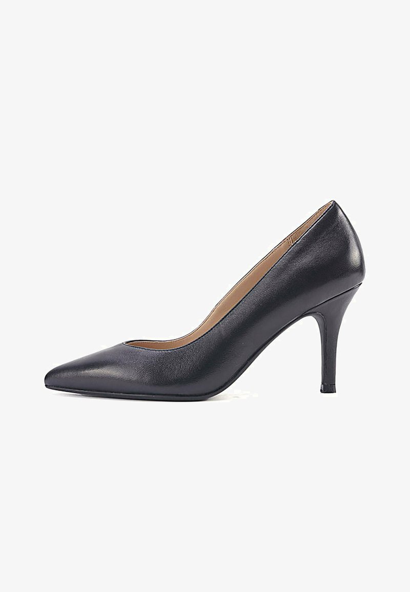 Pumps neri in pelle con tacco alto e punta affusolata. Texture liscia con design a scollo basso e soletta imbottita.